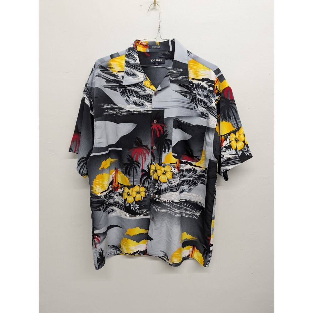 Koman Sport Hawaiian Short Sleeve Shirt Size XL Surf Surfboard Waves Hibiscus